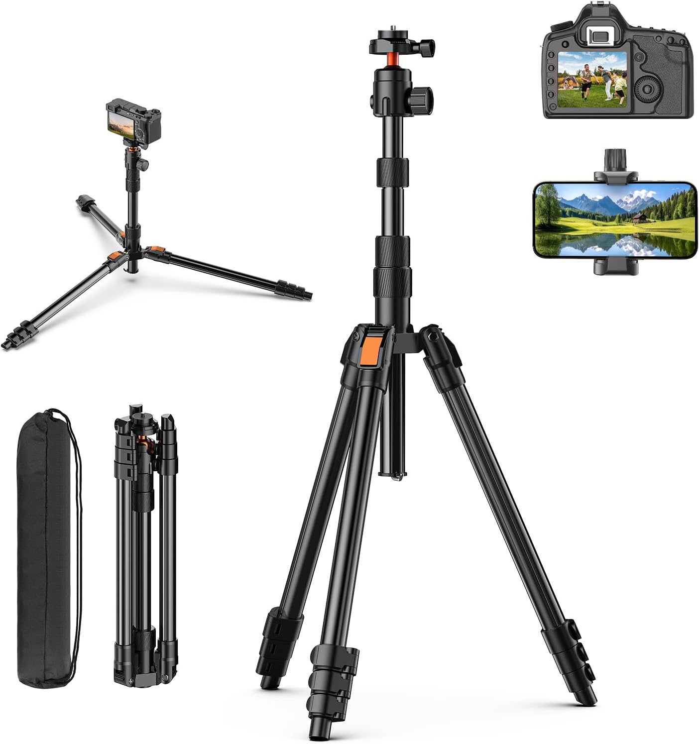 XXZU 71" Camera Tripod, Tripod for Phone with 360°Ball 71in, black