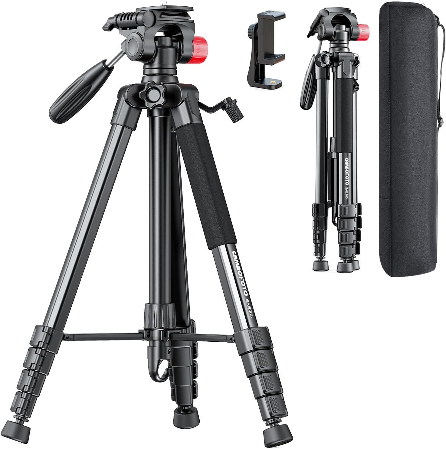 CAMBOFOTO 74"-Camera-Tripod, Porfessional Aluminum Heavy Duty 74 inch, Black